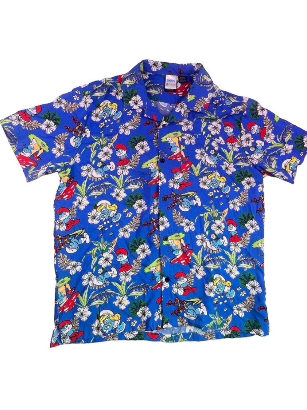 Smurfs Men’s Tropical Hawaiian Short Sleeve Button Down Shirt Size Large